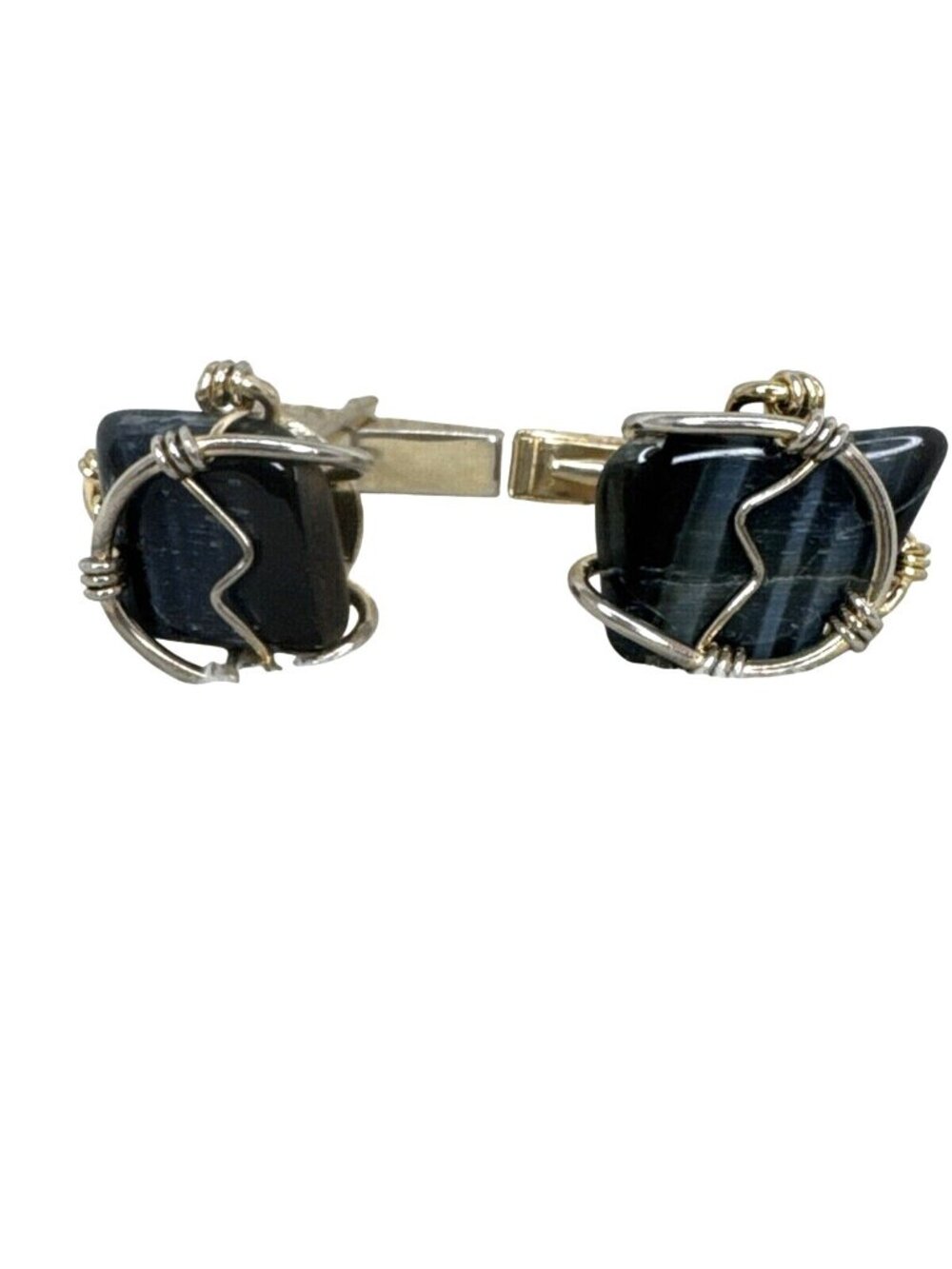 Handmade Wire-Wrapped Black Stone Cufflinks W/Gold-Plated Hardware
